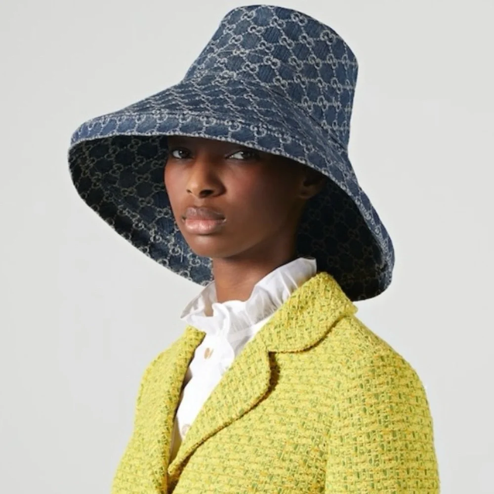 Gucci Bucket Hat GG Monogram Wide Large Brim Jacquard Canvas Denim New - Picture 7 of 11